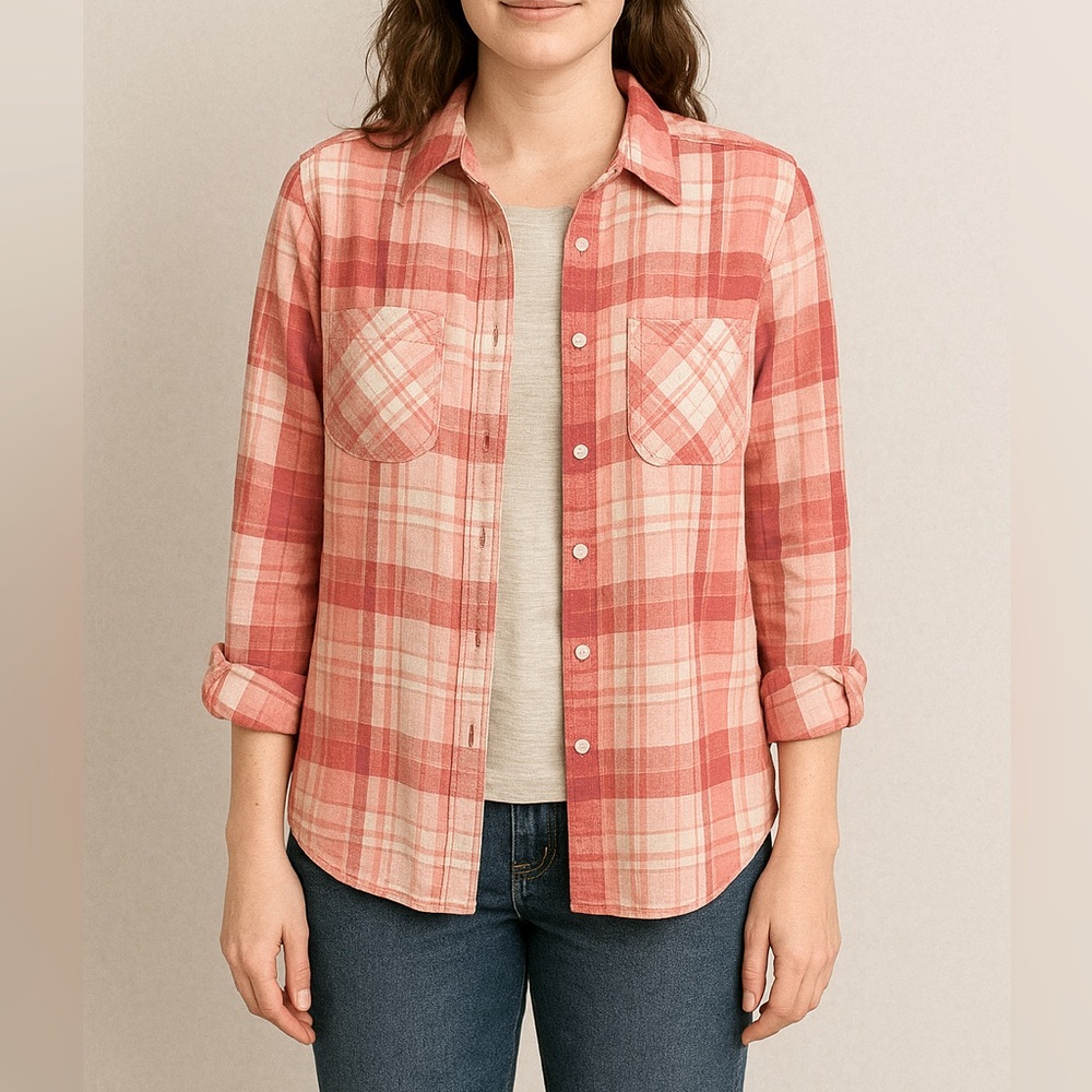 M Sanctuary Plaid Linen Gauze Tomboy Coral Pink Button Roll Cuff Shirt Women’s